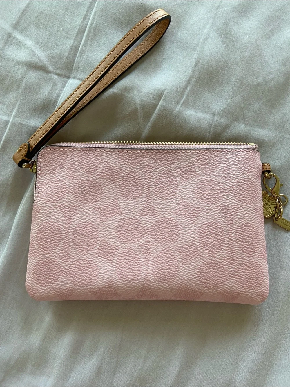 Coach Powder Pink Leather Wristlet with Tan Strap